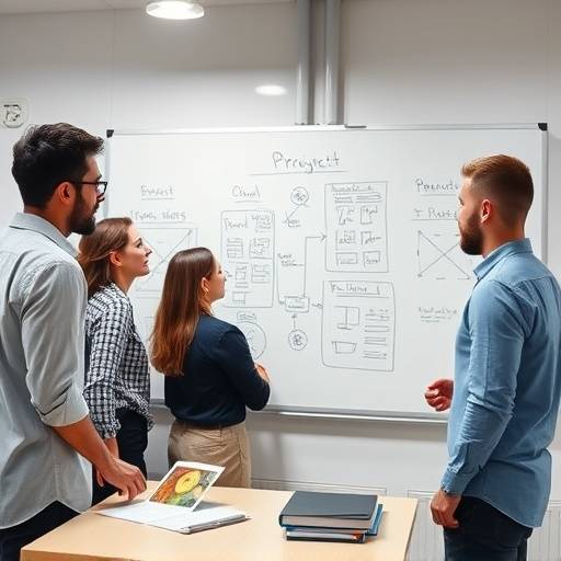 Image illustrative du cours de gestion de projet, montrant une √©quipe travaillant ensemble sur un tableau blanc avec des diagrammes.