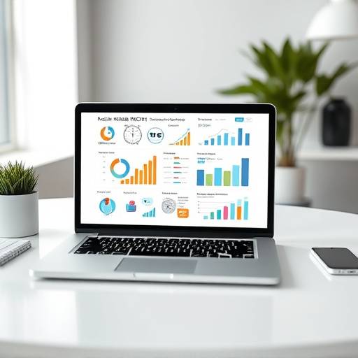 Image illustrative du cours de marketing digital, montrant un ordinateur portable avec des ic√¥nes de m√©dias sociaux et des graphiques.